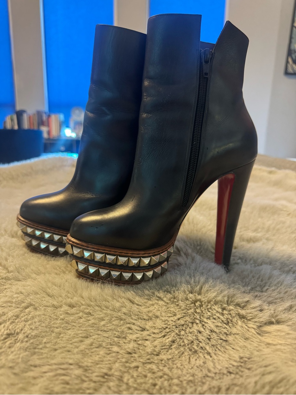 Christian Louboutin Black Leather Studded Platform Ankle Boots with Red Heel